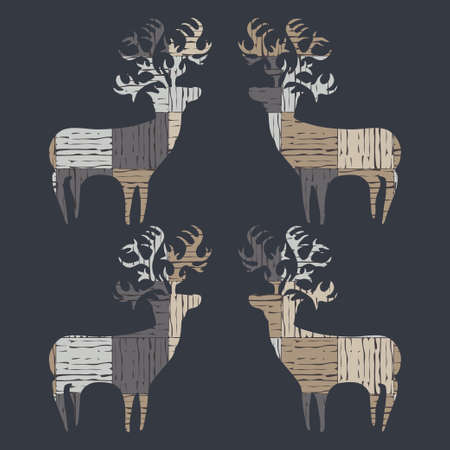 A deer with a geometric texture. Drawing of American Indians. Gray. Design with manual hatching. Textile. Vector illustration for web design or print.のイラスト素材