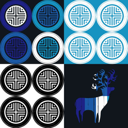 Set: Deer and Mosaic of geometric shapes. Design with manual hatching. Textile. Ethnic boho ornament. Vector illustration for web design or print.のイラスト素材