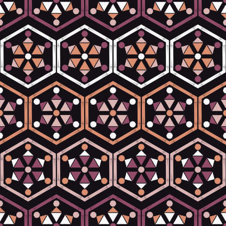 Mosaic with geometric shapes. Seamless pattern. Design with manual hatching. Textile. Ethnic boho...