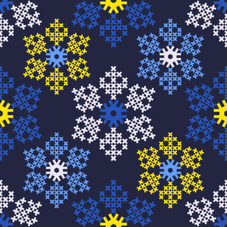Knitted Christmas decorative snowflakes from crosses. Seamless background. Boho style. Vector illustration for web design or print.のイラスト素材