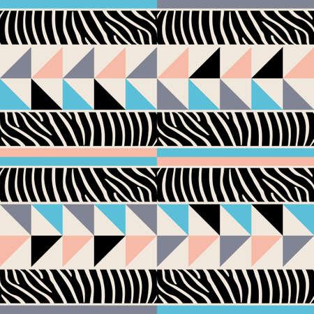 Seamless design of triangles and Zebra stripes. Ethnic boho ornament. Trendy design style. Vector illustration for web design or print.のイラスト素材