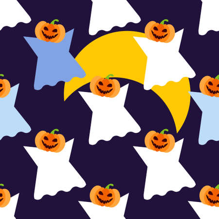 Seamless pattern with pumpkins and ghosts. Halloween. Emotions. The style of the cartoon. Vector illustration for web design or print.のイラスト素材