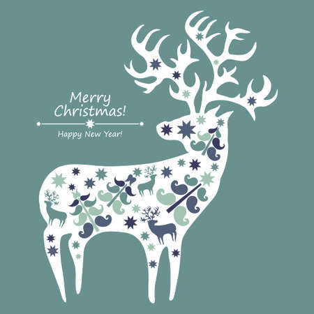 Greeting card with Christmas trees and deer. Vector illustration for web design or print.のイラスト素材