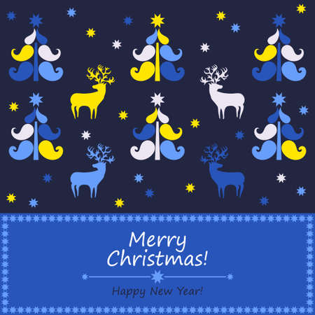 Greeting card with Christmas trees and deer. Vector illustration for web design or print.のイラスト素材