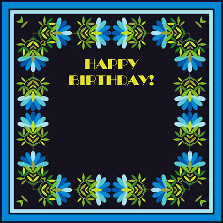Birthday greeting card with flowers and geometric shapes. A festive banner. Vector illustration for web design or print.のイラスト素材