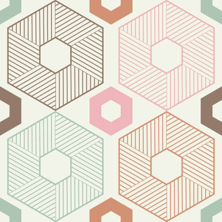 Hexagons. Mosaic with geometric shapes. Seamless pattern. Design with manual hatching. Textile. Ethnic boho ornament. Vector illustration for web design or print.のイラスト素材