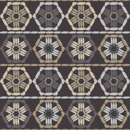 Mosaic with geometric shapes. Seamless pattern. Design with manual hatching. Textile. Ethnic boho...
