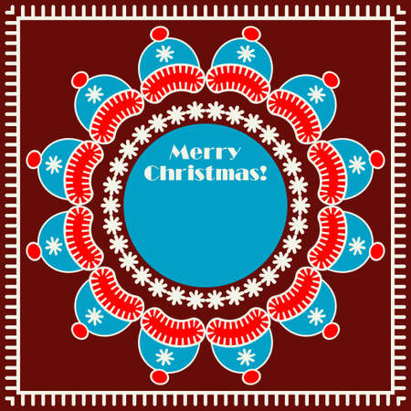 Square Christmas card with toys and text. Red-brown background. Happy holiday. Vector illustration...