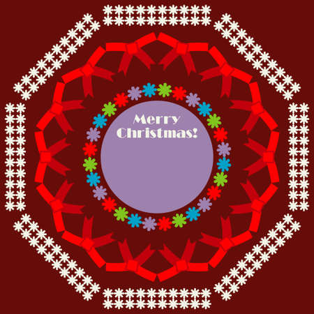 Square Christmas card with toys and text. Red-brown background. Happy holiday. Vector illustration for web design or print.のイラスト素材