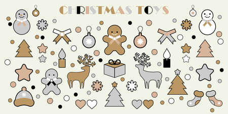Set: Christmas toys. Happy new Year's holiday. Gold, silver, white, and black colors. Vector illustration for web design or print.のイラスト素材