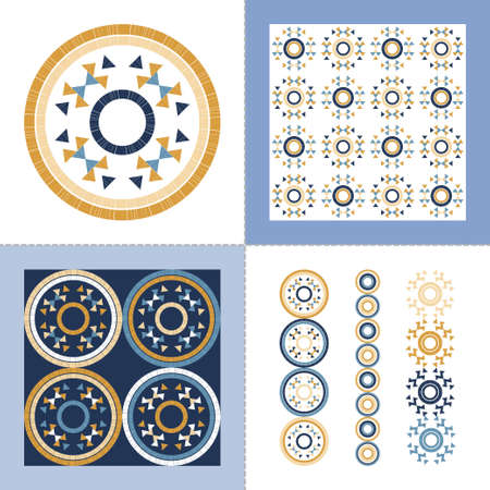 A set of seamless patterns, stripes, and ornament. Aztec elements. Seamless pattern. Design with manual hatching. Textile. Ethnic boho ornament. Vector illustration for web design or print.のイラスト素材