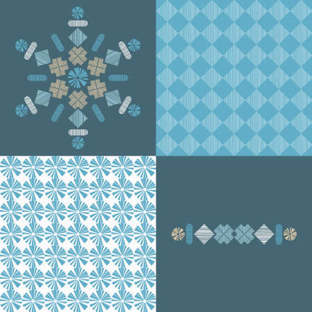 A set of seamless patterns, stripes, and ornament. Design with manual hatching. Textile. Ethnic boho ornament. Vector illustration for web design or print.のイラスト素材