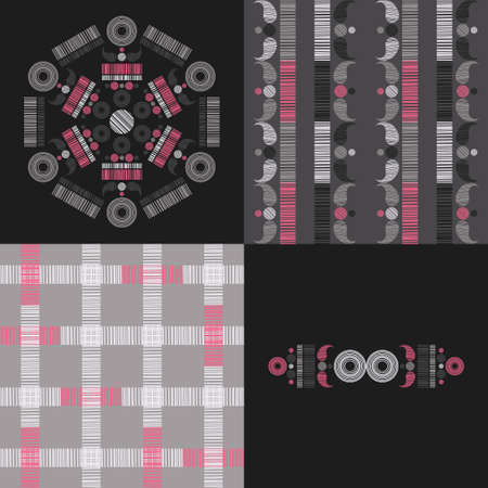 A set of seamless patterns, stripes, and ornament. Design with manual hatching. Textile. Ethnic boho ornament. Vector illustration for web design or print.のイラスト素材