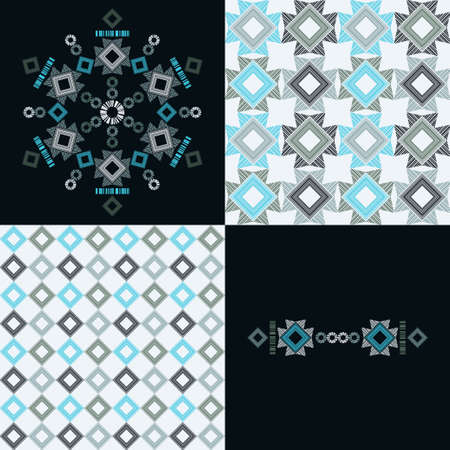 A set of seamless patterns, stripes, and ornament. Design with manual hatching. Textile. Ethnic boho ornament. Vector illustration for web design or print.のイラスト素材
