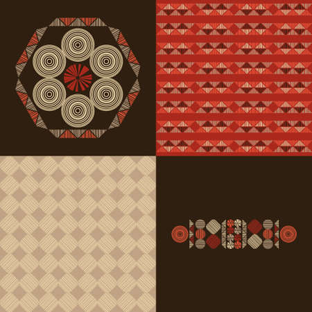 A set of seamless patterns, stripes, and ornament. Design with manual hatching. Textile. Ethnic boho ornament. Vector illustration for web design or print.のイラスト素材