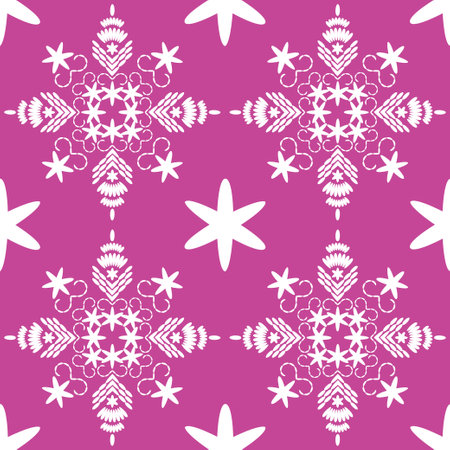 White painted snowflakes on a colored background. Seamless embroidered pattern. Merry Christmas! Winter holiday. Vector illustration for web design or print.のイラスト素材