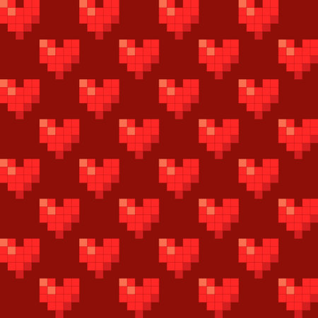 Pixel art. The heart icon. Valentine's Day. Cartoon drawings. Seamless pattern. Vector illustration...