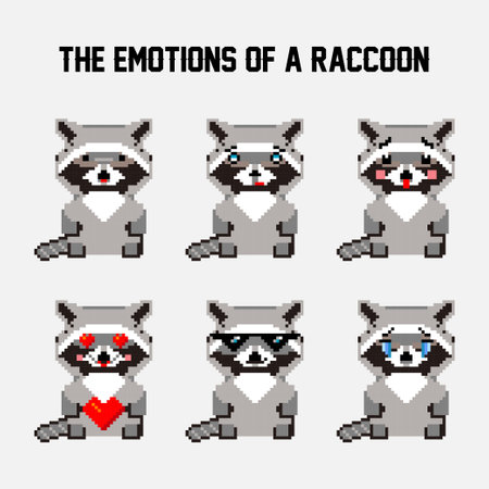 Pixel art. The Emotions Of A Raccoon. Cartoon drawings. Vector illustration for web design or print.のイラスト素材