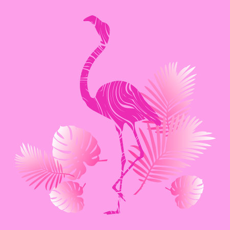 Flamingo on a pink background standing on tropical leaves. African and Asian bird. Vector illustration for web design or print.のイラスト素材