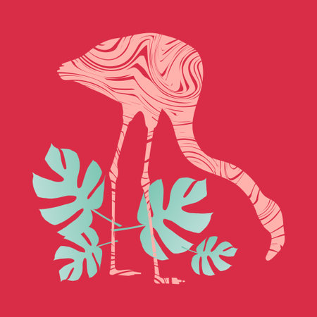 Flamingo on a pink background standing on tropical leaves. African and Asian bird. Vector illustration for web design or print.のイラスト素材