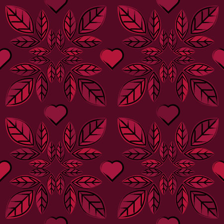 Leaves and hearts drawn in ink. Valentine's Day. Seamless background. Greeting card. Vector illustration for web design or print.のイラスト素材