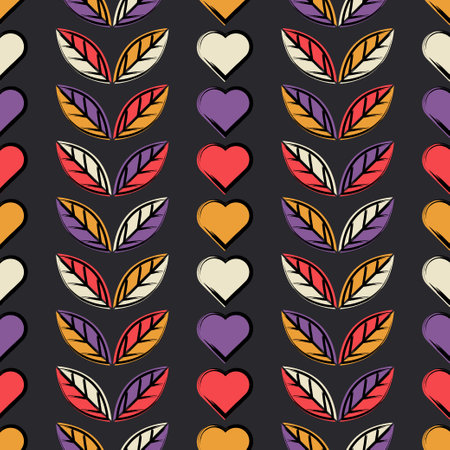 Leaves and hearts drawn in ink. Valentine's Day. Seamless background. Greeting card. Vector...