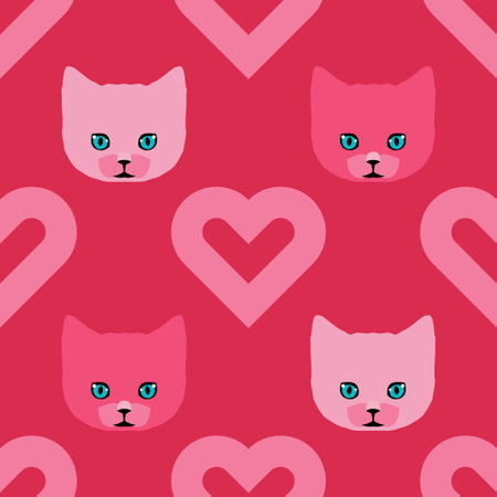 Seamless background with kitten and hearts. Valentine's Day. Vector illustration for web design or print.のイラスト素材