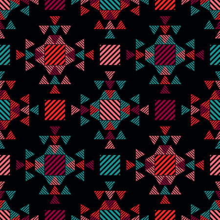 Shapes made of stripes. Seamless pattern. Design with manual hatching. Textile. Ethnic boho ornament. Vector illustration for web design or print.のイラスト素材