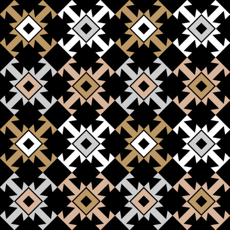 Mosaic with geometric shapes. Seamless pattern. Design with manual hatching. Textile. Ethnic boho...