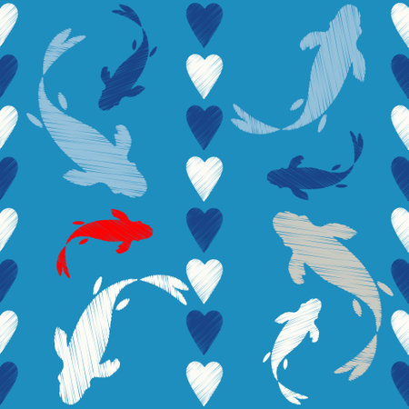 Seamless pattern with hearts and fish in the sea. Valentine's Day. Embroidery on fabric. Boho texture. Vector illustration for web design or print.のイラスト素材