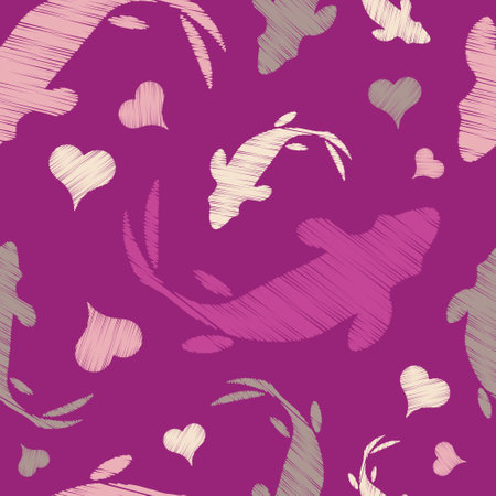 Seamless pattern with hearts and fish in the sea. Valentine's Day. Embroidery on fabric. Boho texture. Vector illustration for web design or print.のイラスト素材