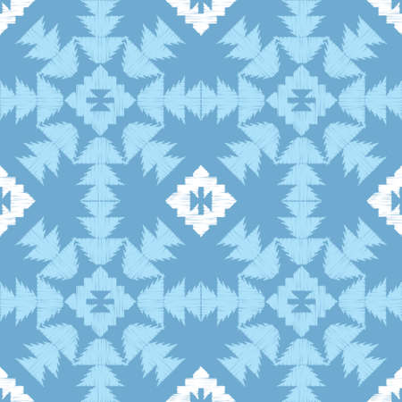 Embroidery. Navajo mosaic rug with traditional folk geometric pattern. Native American Indian blanket. Aztec elements. Seamless background.のイラスト素材