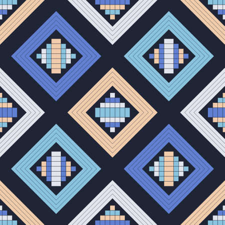 Ethnic figures from squares. Mosaic with geometric shapes. Seamless pattern. Textile. Ethnic boho ornament. Vector illustration for web design or print.のイラスト素材