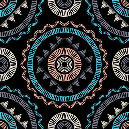 Mosaic with geometric shapes. Seamless pattern. Design with manual hatching. Textile. Ethnic boho...
