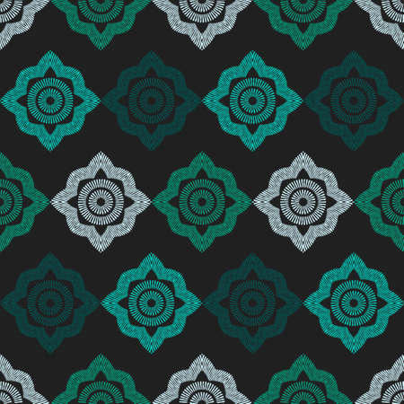 Mosaic with geometric shapes. Seamless pattern. Design with manual hatching. Textile. Ethnic boho ornament. Vector illustration for web design or print.のイラスト素材