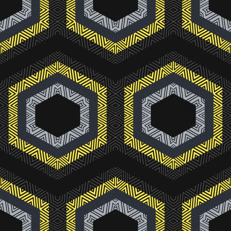 Shapes made of stripes. Mosaic with geometric shapes. Seamless pattern. Design with manual hatching....