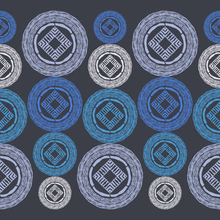 Shapes made of curved stripes. Mosaic with geometric shapes. Seamless pattern. Design with manual hatching. Textile. Ethnic boho ornament. Vector illustration for web design or print.のイラスト素材