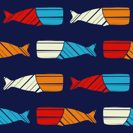 Decorative whales swim in the sea and ocean. Seamless pattern. Marine life. Cute cartoons. Vector...