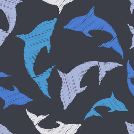 Decorative embroidered dolphins swim in the sea and ocean. Seamless pattern. Marine life. Cute cartoons. Vector illustration for web design or print.のイラスト素材