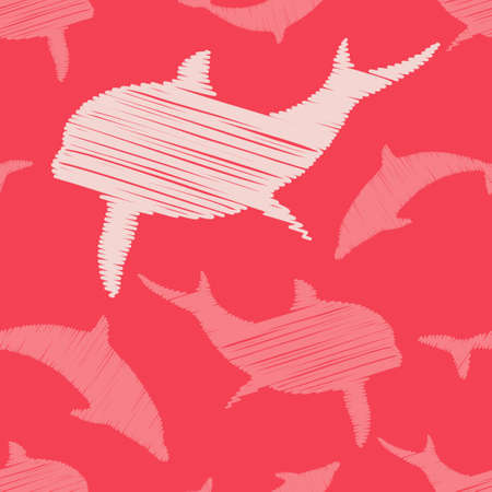 Decorative embroidered dolphins swim in the sea and ocean. Seamless pattern. Marine life. Cute cartoons. Vector illustration for web design or print.のイラスト素材