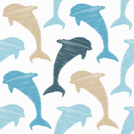 Decorative embroidered dolphins swim in the sea and ocean. Seamless pattern. Marine life. Cute cartoons. Vector illustration for web design or print.のイラスト素材