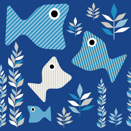Decorative striped fish with a floral pattern swim in the sea. Seaweed. Seamless background. Cute cartoons. Vector illustration for web design or print.のイラスト素材