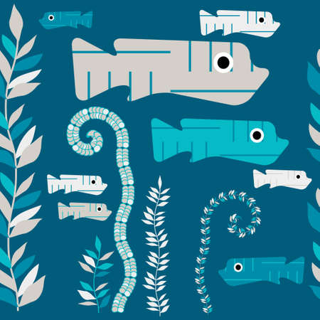 Decorative striped fish with a floral pattern swim in the sea. Seaweed. Seamless background. Cute cartoons. Vector illustration for web design or print.のイラスト素材