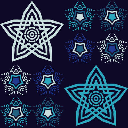 Seamless pattern with decorative stars of curved stripes. Design with manual hatching. Textile. Ethnic boho ornament. Vector illustration for web design or print.のイラスト素材