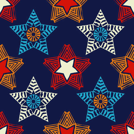 Seamless pattern with decorative stars of curved stripes. Design with manual hatching. Textile. Ethnic boho ornament. Vector illustration for web design or print.のイラスト素材