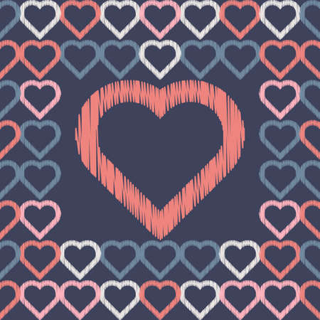 Seamless background with decorative hearts. Valentine's Day. Design with manual hatching. Embroidery...