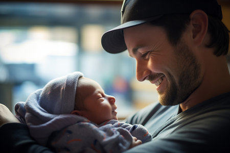 a young father holds a newborn baby in his arms and looks at him tenderly.の素材