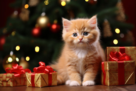 fluffy ginger kitten with Christmas gift boxes on the background of a decorated Christmas tree,の素材
