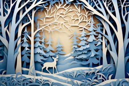 winter landscape, deer among trees, illustration cut out of paperの素材