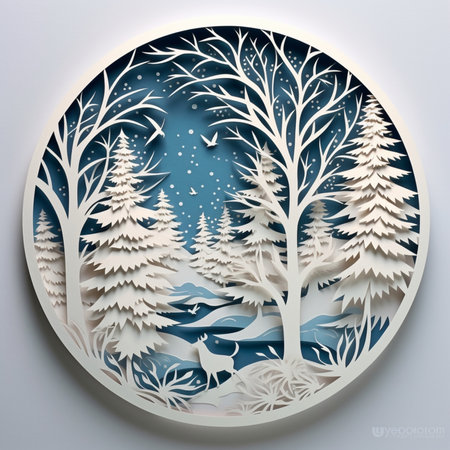 winter landscape, snowfall, snow-covered trees, illustration cut out of paperの素材
